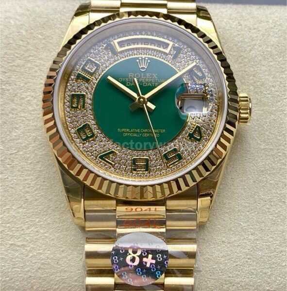 8+ Factory Counterweight Rolex Day-Date 118238 36mm Full Yellow Gold Arabic Numerals Diamond&Green Dial