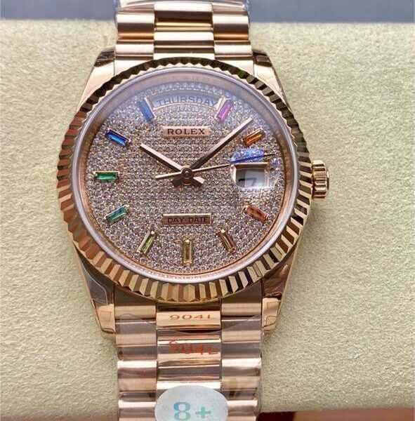 8+ Factory Counterweight Rolex Day-Date 128235-0039 36mm Full Rose Gold Baguette Diamond Rose Gold Dial