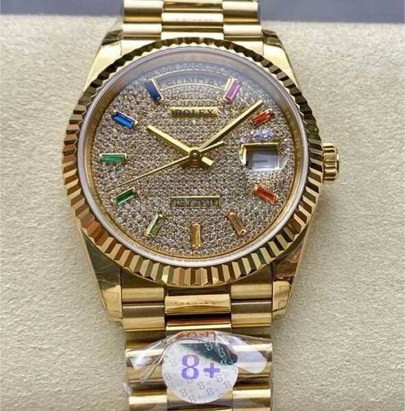 8+ Factory Counterweight Rolex Day-Date 128238-0051 36mm Full Yellow Gold Baguette Diamond Yellow Gold Dial