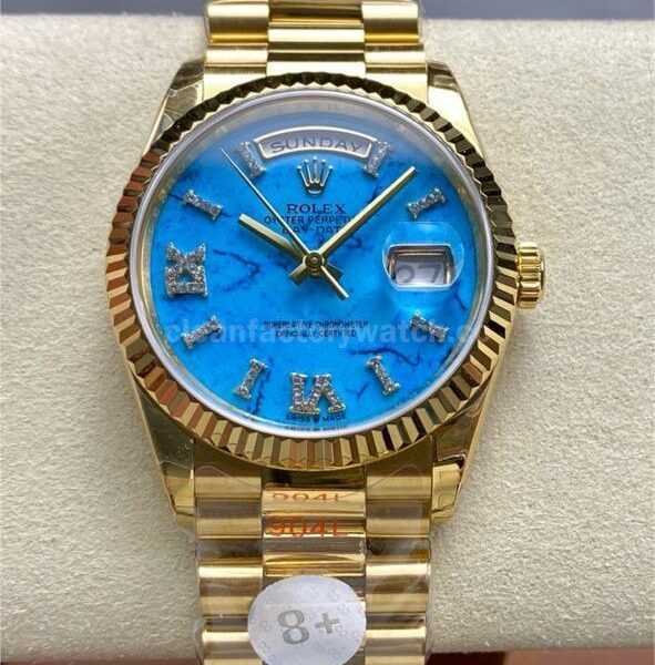 8+ Factory Counterweight Rolex Day-Date 128238-0071 36mm Full Yellow Gold Roman Numerals Diamond Blue Dial