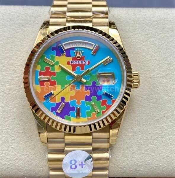 8+ Factory Counterweight Rolex Day-Date 128238-0106 36mm Full Yellow Gold Color Baguette Puzzle Blue Dial