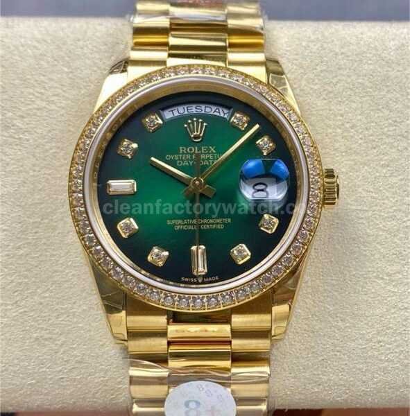 8+ Factory Counterweight Rolex Day-Date 128348RBR-0035 36mm Diamond Bezel Full Yellow Gold Diamond Mope Baguette Diamond Green Dial