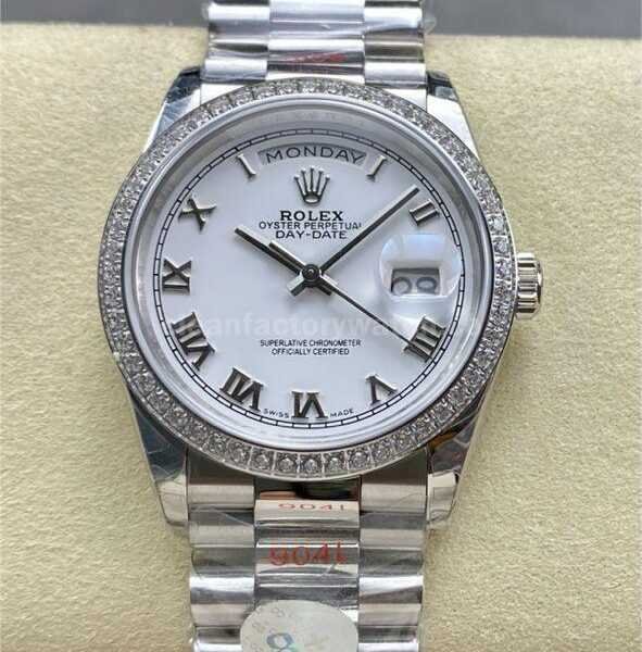8+ Factory Counterweight Rolex Day-Date 128349RBR-0025 36mm Diamond Bezel Full White Gold Roman Numerals White Dial