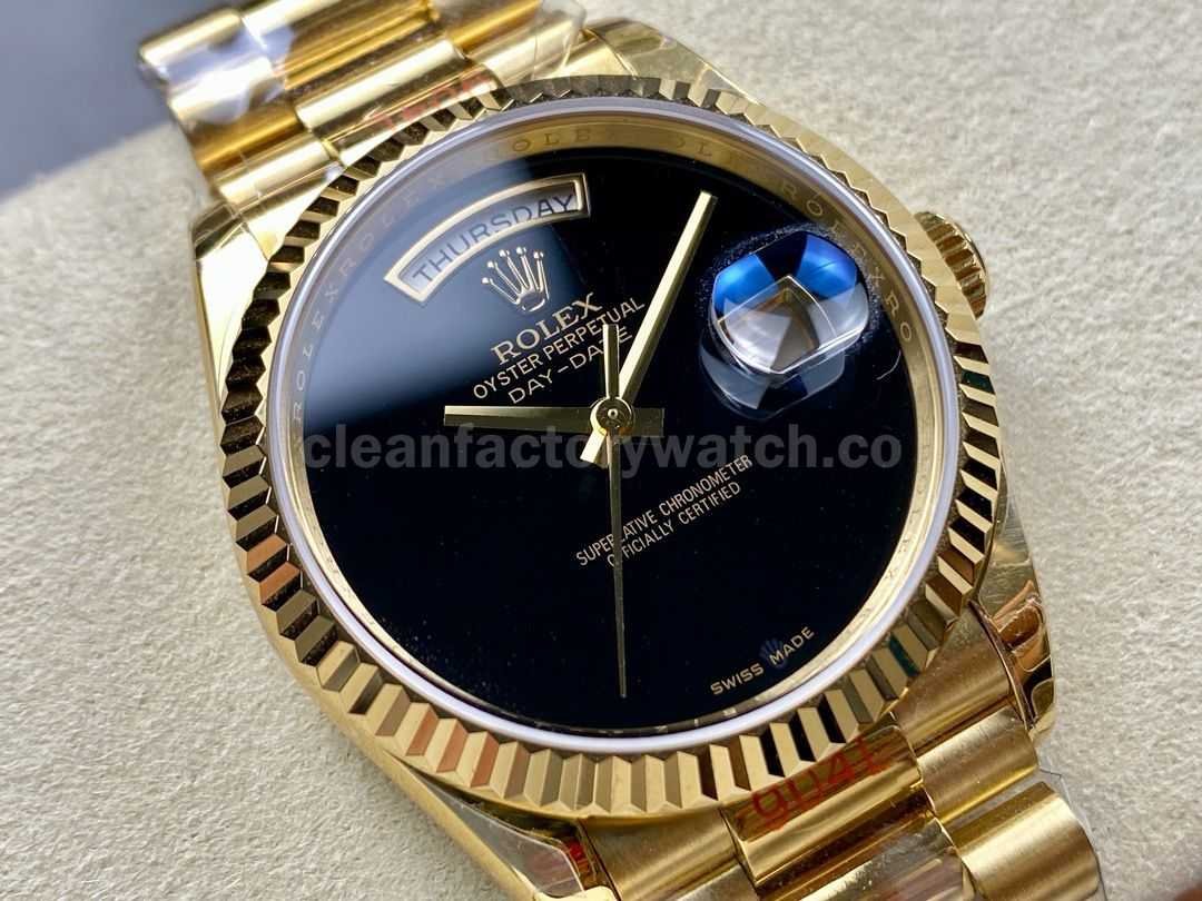 8+ Factory Counterweight Rolex Day Date 18038 36mm Full Yellow Gold Black Dial (8)