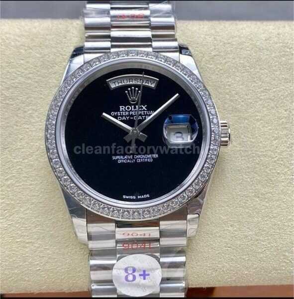 8+ Factory Counterweight Rolex Day-Date 18206 36mm Diamond Bezel Full White Gold Black Dial