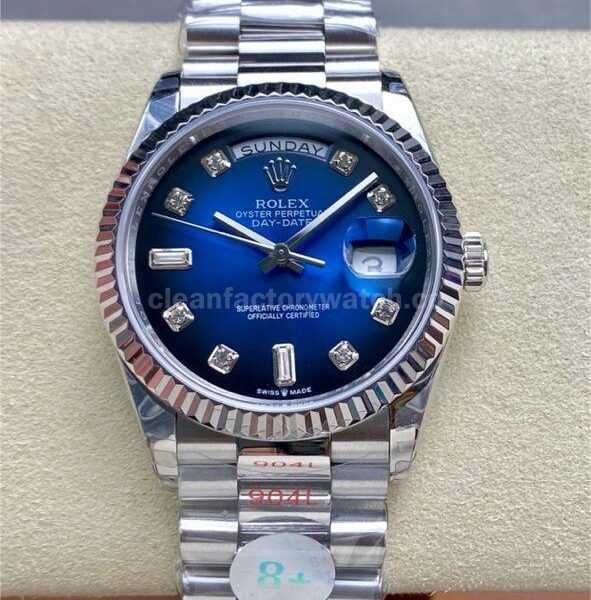 8+ Factory Counterweight Rolex Day-Date128239-0023 36mm Full 904L Diamond Mop Baguette Diamond Dark Blue Dial