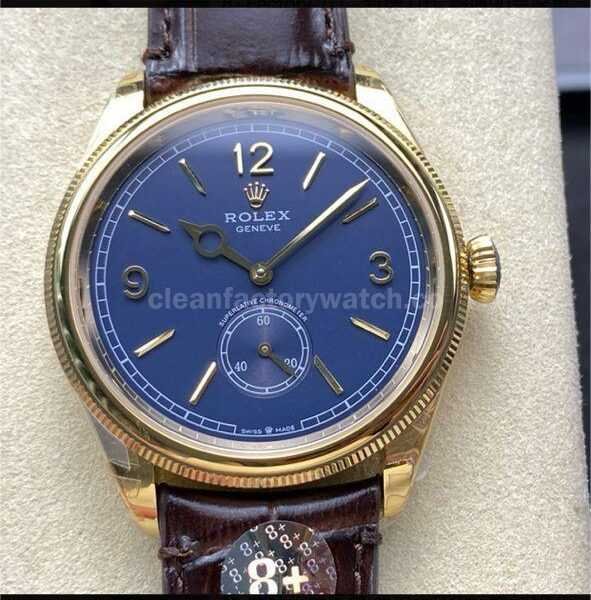 8+ Factory Rolex 1908 52508 39mm Yellow Gold Leather Strap Arabic Numerals Blue Dial