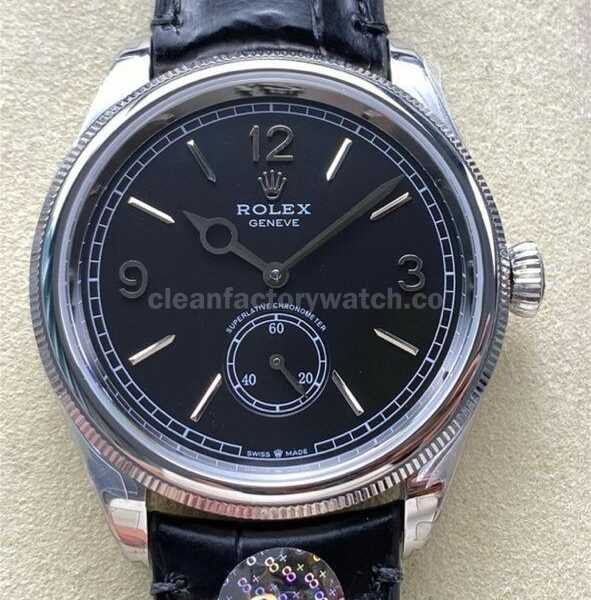 8+ Factory Rolex 1908 52509-0002 39mm Steel Leather Strap Arabic Numerals Black Dial