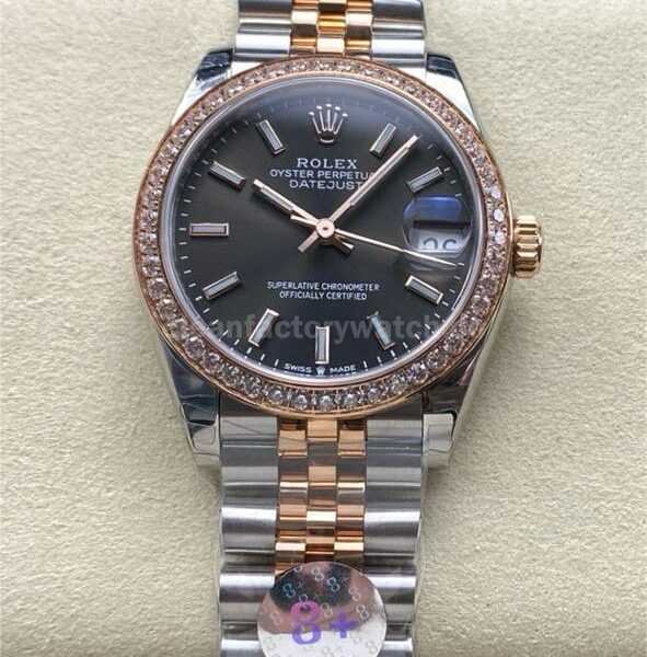 8+ Factory Rolex counterweight Datejust 278381RBR-0018 31mm Diamond Rose Gold Bezel Half Rose Gold Grey Dial Jubilee