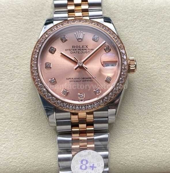 8+ Factory Rolex counterweight Datejust 278381RBR-0024 31mm Diamond Rose Gold Bezel Half Rose Gold Diamond Pink Dial Jubilee