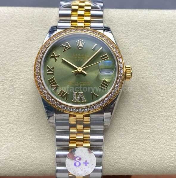 8+ Factory Rolex counterweight Datejust 278383RBR-0016 31mm Diamond Yellow Gold Bezel Half Yellow Gold Roman Numerals Diamond Green Dial Jubilee