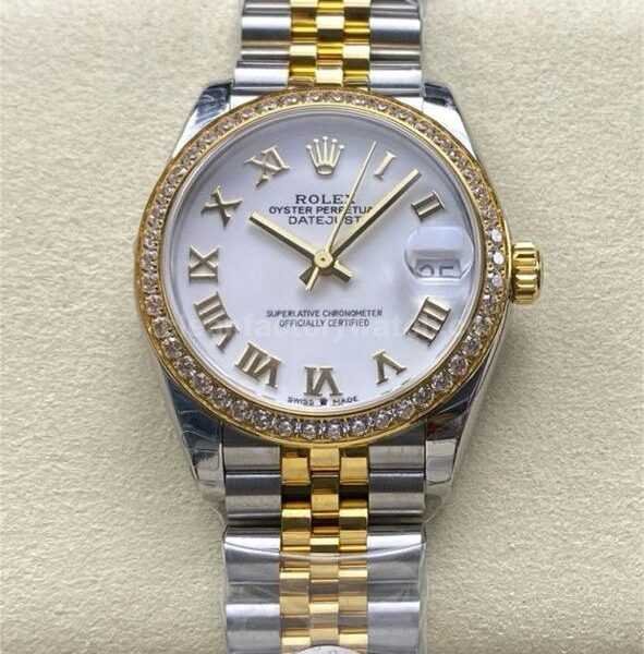 8+ Factory Rolex counterweight Datejust 278383RBR-0002 31mm Diamond Yellow Gold Bezel Half Yellow Gold Roman Numerals White Dial Jubilee