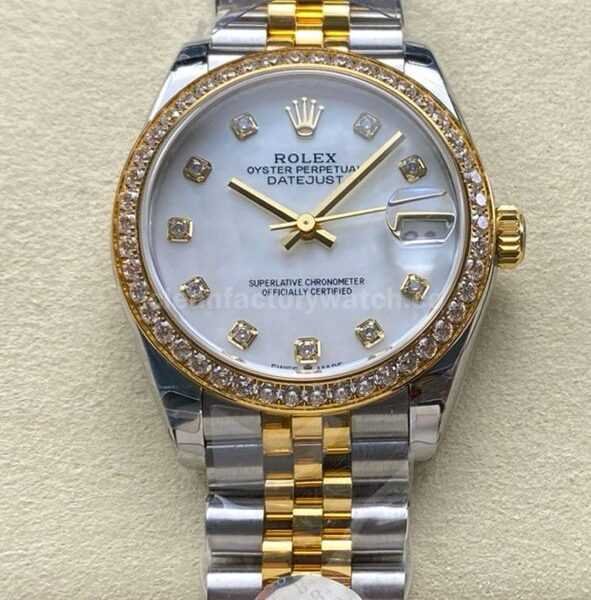 8+ Factory Rolex counterweight Datejust 278383RBR-0028 31mm Diamond Yellow Gold Bezel Half Yellow Gold Diamond Mother Of Pearl Dial Jubilee