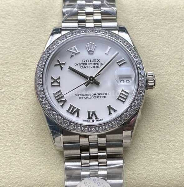 8+ Factory Rolex counterweight Datejust 278384RBR-0014 31mm Diamond White Gold Bezel Full 904L Roman Numerals White Dial Jubilee