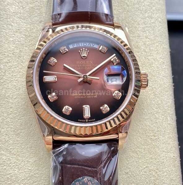 8+ Factory Counterweight Rolex Day-Date 36mm 128235-0037 Rose Gold Crocodile Leather Strap Diamond Mope Baguette Diamond Brown OmbrΓ© Dial