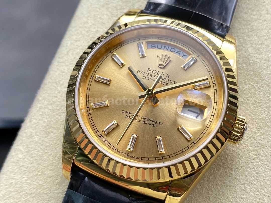8+ Factory Counterweight Rolex Day Date 36mm 128238 Yellow Gold Crocodile (8)