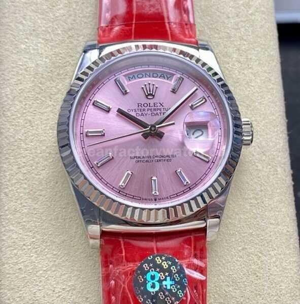 8+ Factory counterweight Rolex Day-Date 36mm 128239-0071 White Gold Crocodile Leather Strap Baguette Diamond Pink Dial
