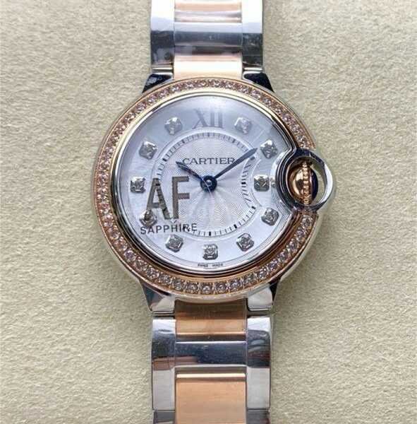 AF Factory Cartier Ballon Bleu W3BB0025 28mm Diamond Bezel Rose GoldSteel Roman Numerals&Diamond Silver Dial