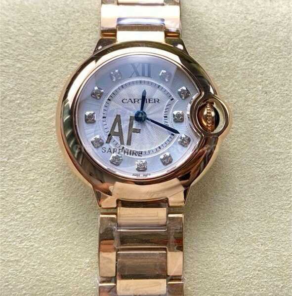 AF Factory Cartier Ballon Bleu WE902025 28mm Full Rose Gold Roman Numerals&Diamond Silver Dial