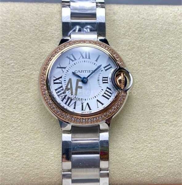 AF Factory Cartier Ballon Bleu WE902079 28mm Diamond Bezel Full Steel Roman Numerals Silver Dial