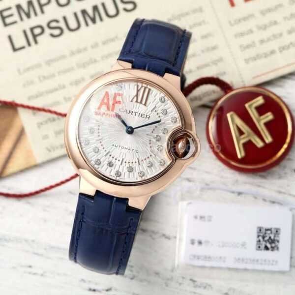 AF Factory Cartier Ballon Bleu WGBB0052 33mm Rose Gold  Leather Strap Diamond&Roman Numerals Silver Dial