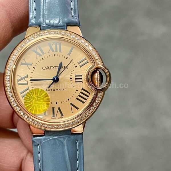 AF Factory Cartier Ballon Bleu WJBB0076 33mm Diamond Bezel Rose Gold Blue Leather Strap Roman Numerals Champagne Dial