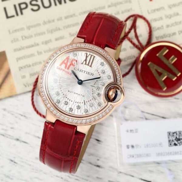 AF Factory Cartier Ballon Bleu WJBB0080 33mm Diamond Bezel Rose Gold Leather Strap Diamond&Roman Numerals Silver Dial