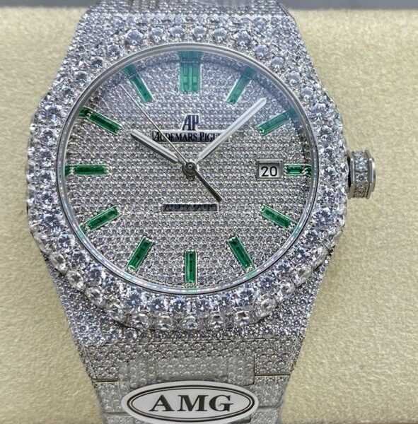 AMG Factory Audemars Piguet Royal Oak Selfwinding 15400 41mm Full Diamond&Steel，Green Diamond Baguette Dial