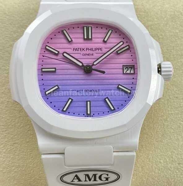 AMG Factory Customer Made Patek Philippe Nautilus PP5711 40mm Ceramics White Rubber Strap Pink&Blue Dial