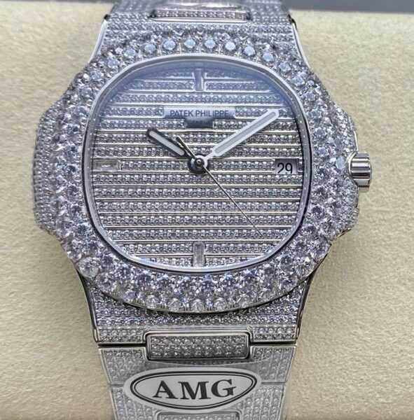 AMG Factory Patek Philippe Nautilus PP5711 40mm Diamond Bezel White Gold Diamond 6 9 12 Baguette Diamond Silver Dial