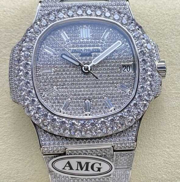 AMG Factory Patek Philippe Nautilus PP5711 40mm Diamond Bezel White Gold Diamond Baguette Diamond Silver Dial