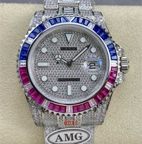 AMG Factory Rolex Submariner Date 116610 40mm Blue Red Diamond Bezel Full 904L Diamond Diamond Dial