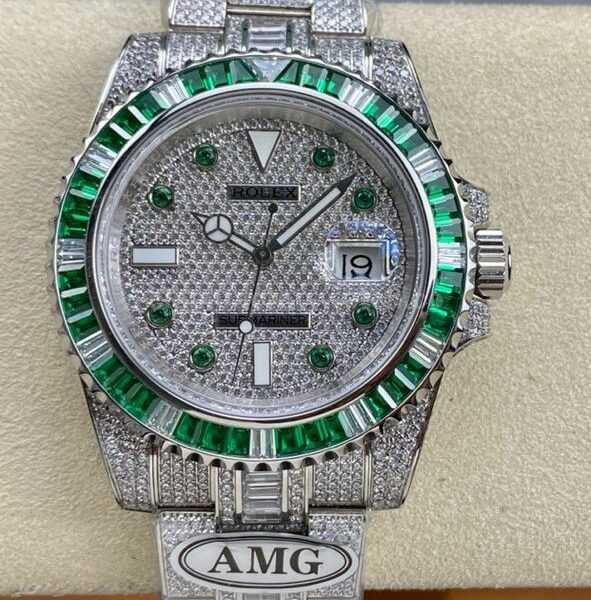 AMG Factory Rolex Submariner Date 116610 40mm Green White Diamond Bezel Full 904L Diamond Green Word Pin Diamond Dial