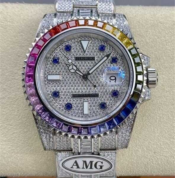 AMG Factory Rolex Submariner Date 116610 40mm Rainbow Diamond Bezel Full 904L Diamond Blue Word Pin Diamond Dial