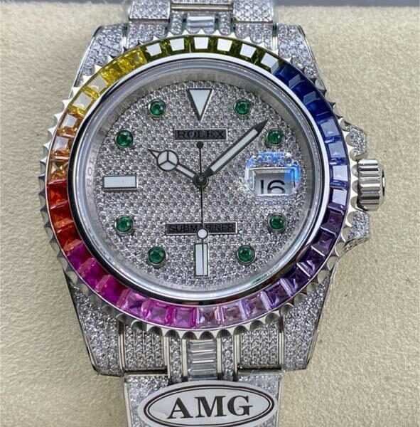 AMG Factory Rolex Submariner Date 116610 40mm Rainbow Diamond Bezel Full 904L Diamond Green Word Pin Diamond Dial