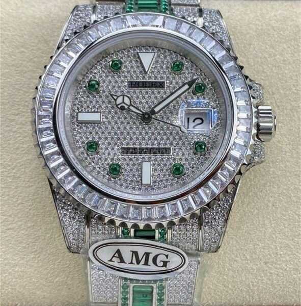 AMG Factory Rolex Submariner Date 116610 40mm White Diamond Bezel Full 904L Green Diamond Green Word Pin Diamond Dial