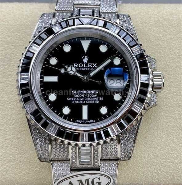 AMG Factory Rolex Submariner Date 116610LN 40mm Black White Diamond Bezel Full 904L Diamond Black Dial