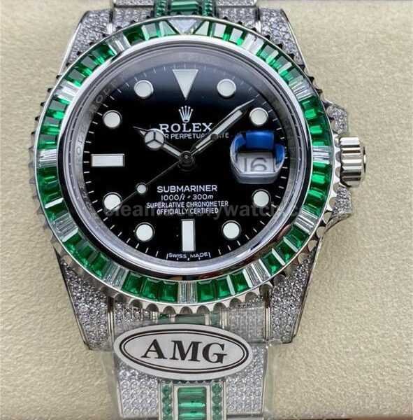 AMG Factory Rolex Submariner Date 116610LN 40mm Green White Diamond Bezel Full 904L Diamond Black Dial