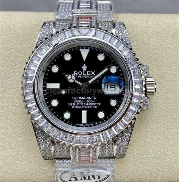 AMG Factory Rolex Submariner Date 116610LN 40mm White Diamond Bezel Full 904L Diamond Black Dial