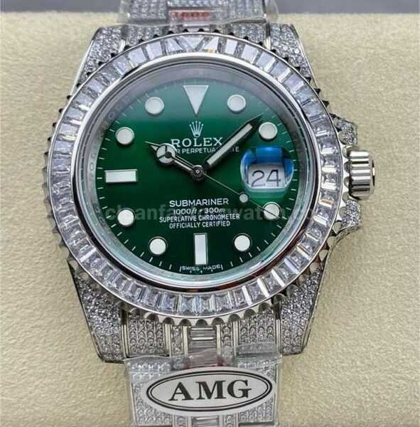 AMG Factory Rolex Submariner Date 116610LV 40mm White Diamond Bezel Full 904L Diamond Green Dial