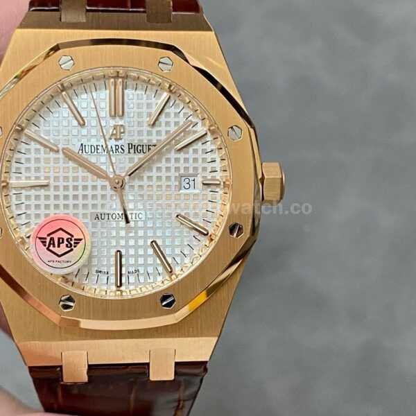 APS Factory Counterweight Audemars Piguet Royal Oak Selfwinding 41mm 15400OR.OO.D088CR.01 Rose Gold Leather Strap Silver Dial