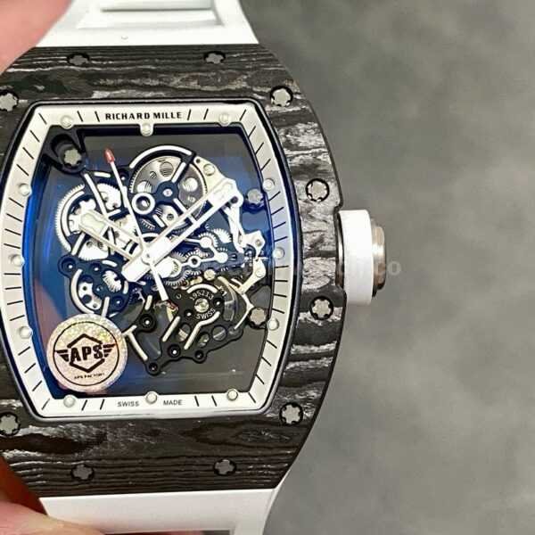 APS Factory Richard Mille RM 055 42.7mm Carbon Fiber Rubber Strap Skeletonized Black Subtitles On White Background Dial