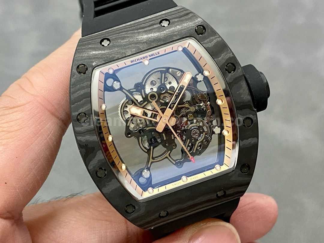 BBR Factory Richard Mille 43mm RM055 Black Carbon Fiber Black Rubber Strap Rose Gold Skelet (4)