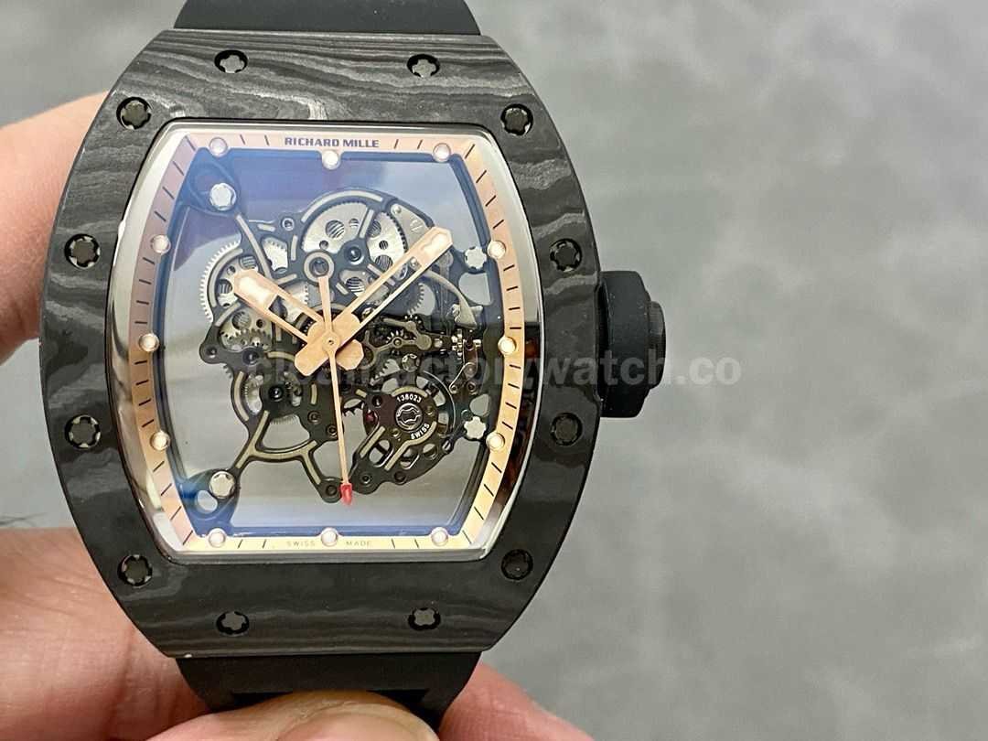 BBR Factory Richard Mille 43mm RM055 Black Carbon Fiber Black Rubber Strap Rose Gold Skelet (8)