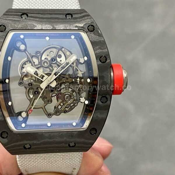 BBR Factory Richard Mille RM055 Black Carbon Fiber White Canvas Strap Silver Skeletonized Dial