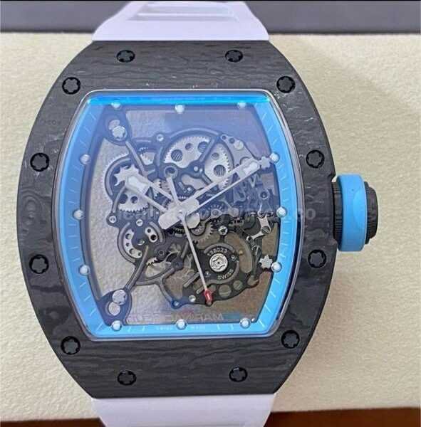 BBR Factory Richard Mille RM055 Black Carbon Fiber White Rubber Strap Light Blue Skeletonized Dial