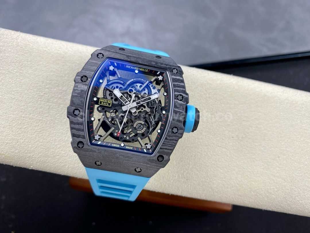 BBR Factory Richard Mille 44.5mm RM35 02 Black Carbon Fiber Light Blue Rubber Strap Black S (1)
