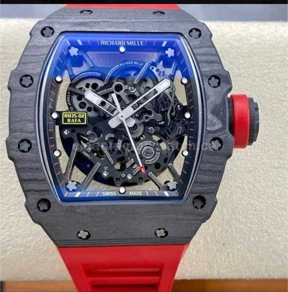 BBR Factory Richard Mille RM35-02 Black Carbon Fiber Red Rubber Strap Black Skeletonized