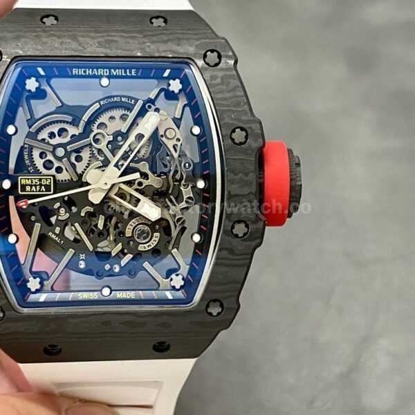 BBR Factory Richard Mille RM35-02 Black Carbon Fiber White Rubber Strap Black Skeletonized