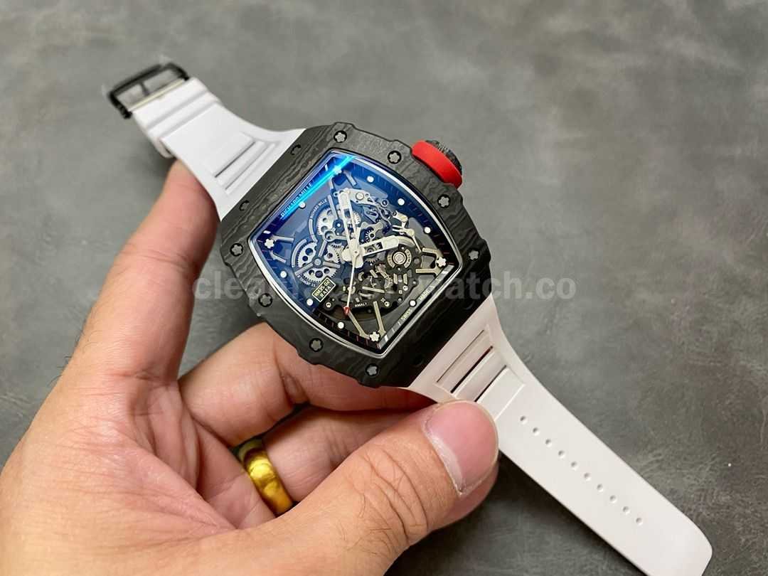 BBR Factory Richard Mille 44.5mm RM35 02 Black Carbon Fiber White Rubber Strap Black Skeletoni (7)
